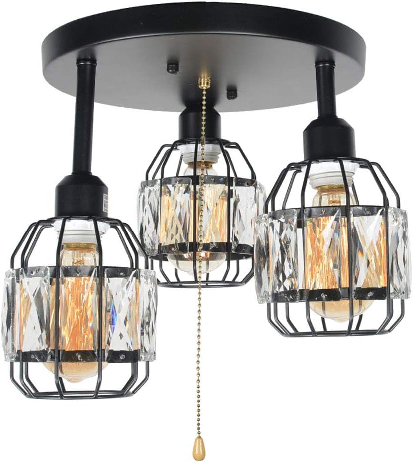Black Metal Round Semi Flush Mount Ceiling Light with Pull Chain 3 Lights E26 L35696