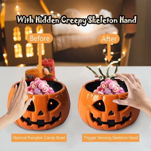 Halloween Candy Bowl with Moving Skull Hand and Glowing Red Eyes V95625