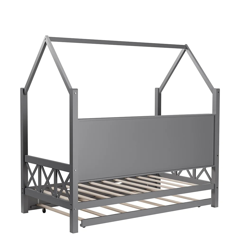 Twin House Bed with Trundle and Storage Shelve E347241