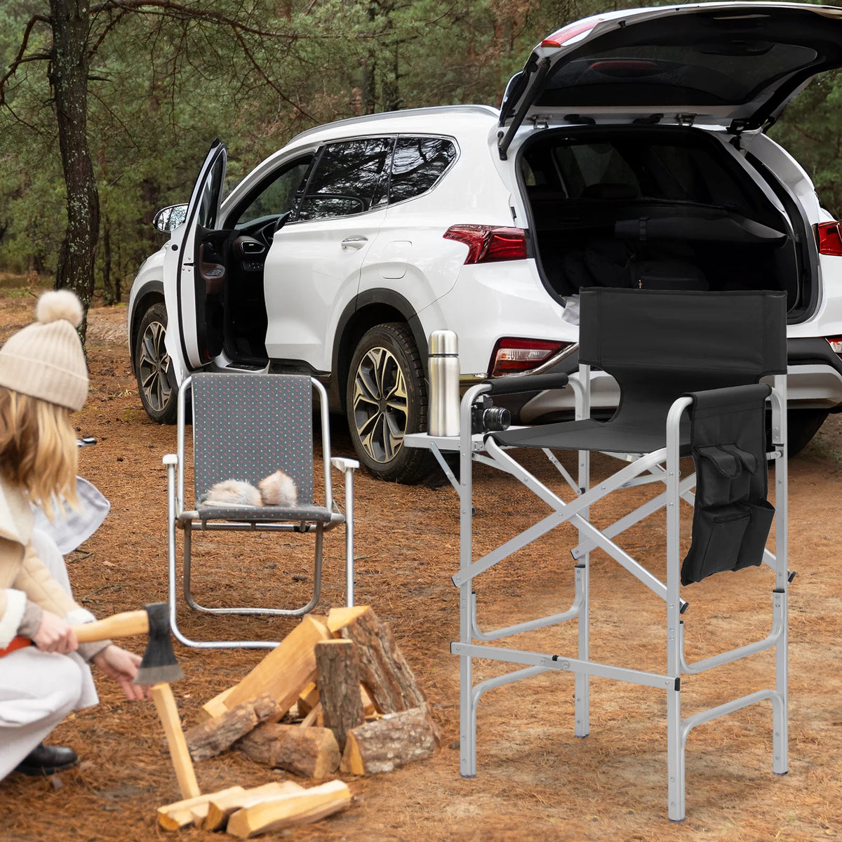 Folding Camping Director Chair with Side Table & Storage Pocket, Black X18067
