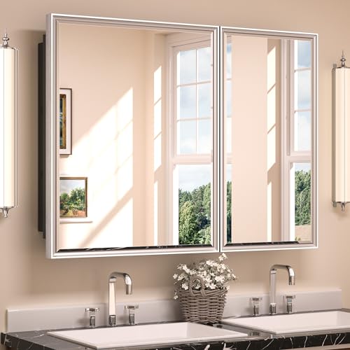 40x30 Inch Silver Framed Medicine Cabinet with Beveled Mirror H8439