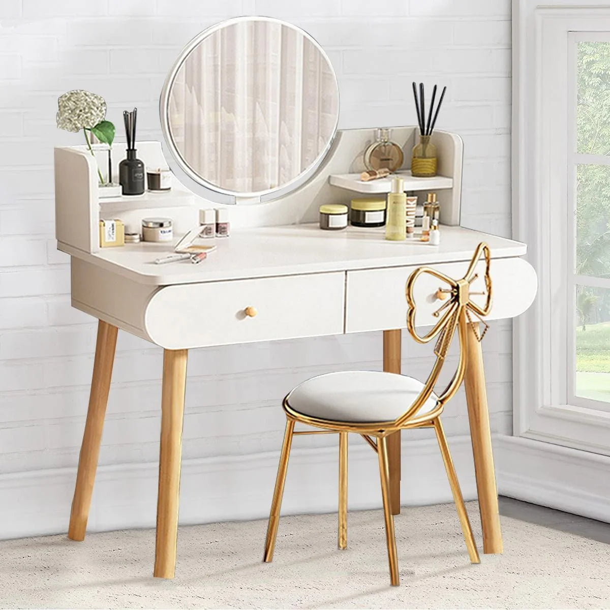 White Vanity Table Set with Mirror and 2 Drawers D54171