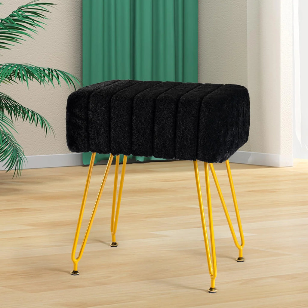 Black Faux Fur Vanity Stool with Golden Metal Legs C23833