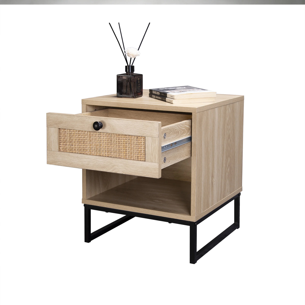 Coastal Modern Side Table with Drawer Natural Wood Top Black Metal Legs X304