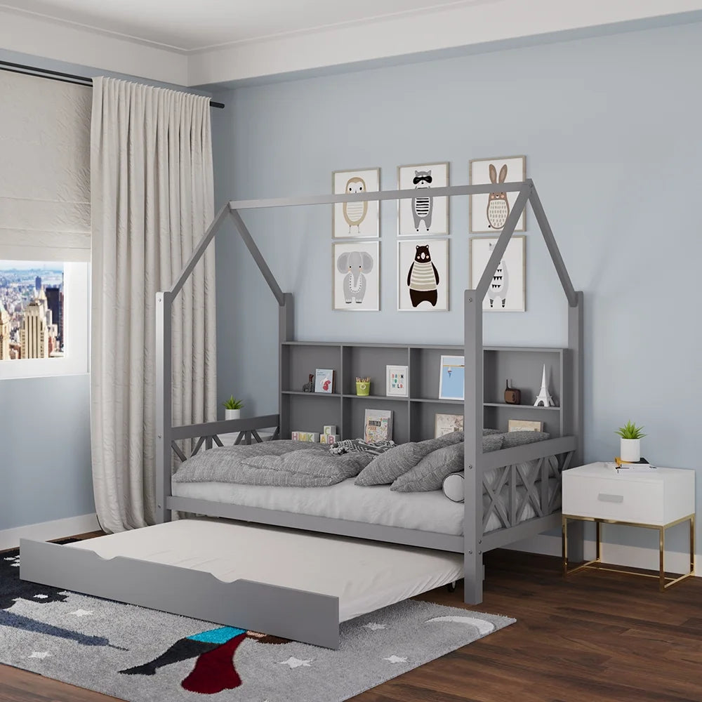 Twin House Bed with Trundle and Storage Shelve E347241