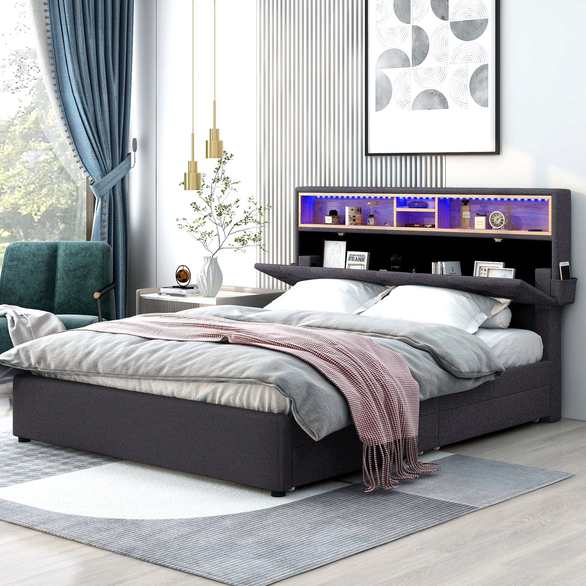 Queen Size Upholstered Platform Bed with Storage Headboard and 2 Drawers B370218