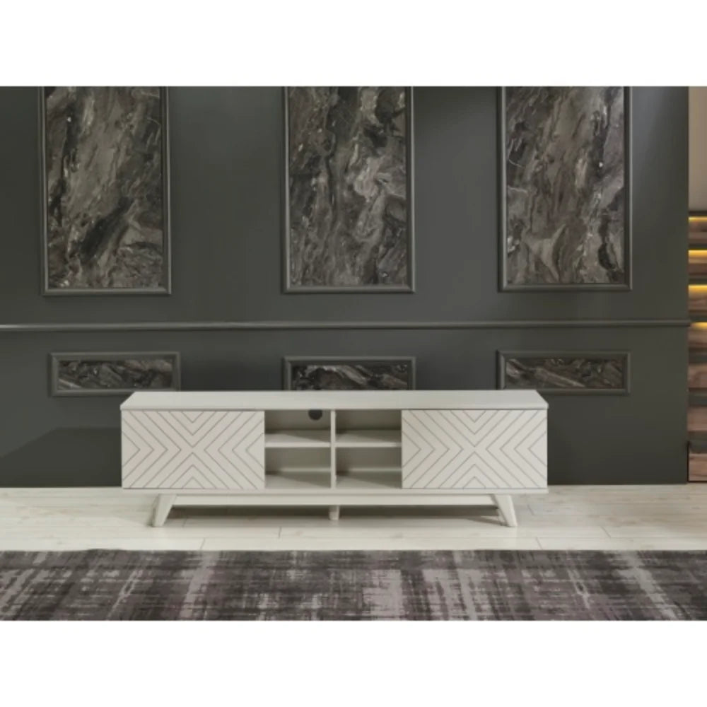 Mid Century Modern Tv Stand 2 Door Cabinet 4 Cubby Hole Shelves 67 inch Tv Unit, Grey S4401