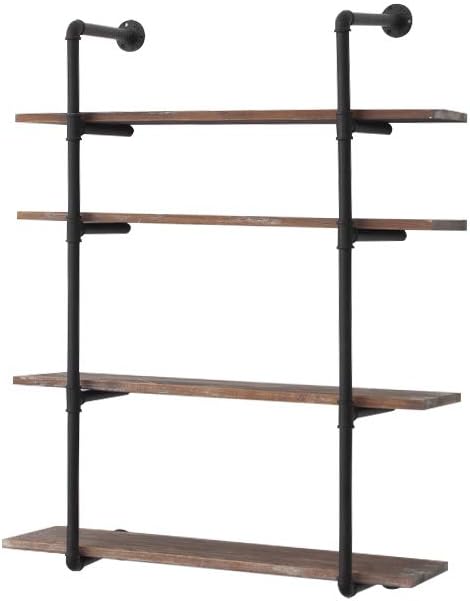 Industrial Pipe Bookcase Shelf Retro Floating Wood Shelving, Weatherd Brown Z26169