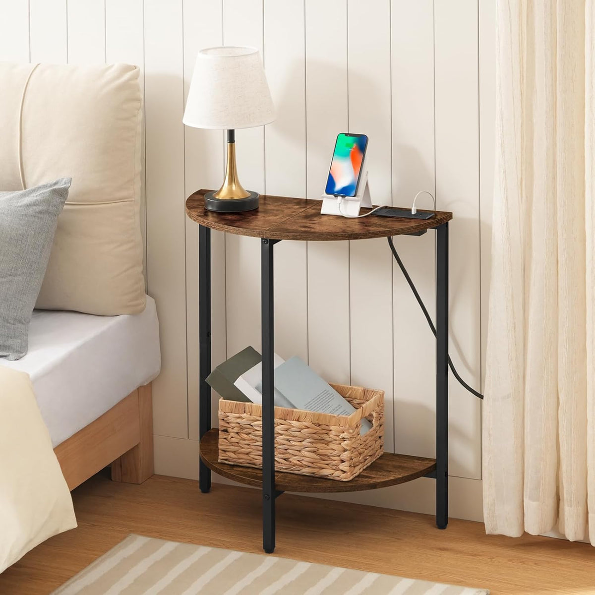 Rustic Brown and Black Half Moon Table with Charging Station Q263