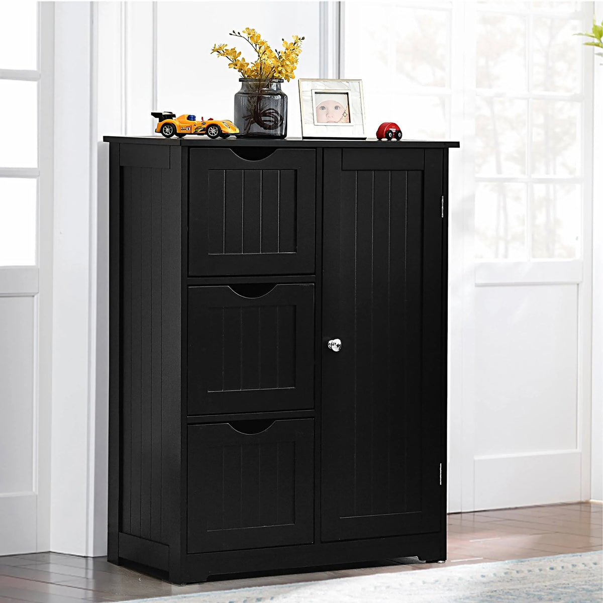Grey Wooden Bathroom Floor Cabinet with 1 Cupboard and 3 Drawers J36163