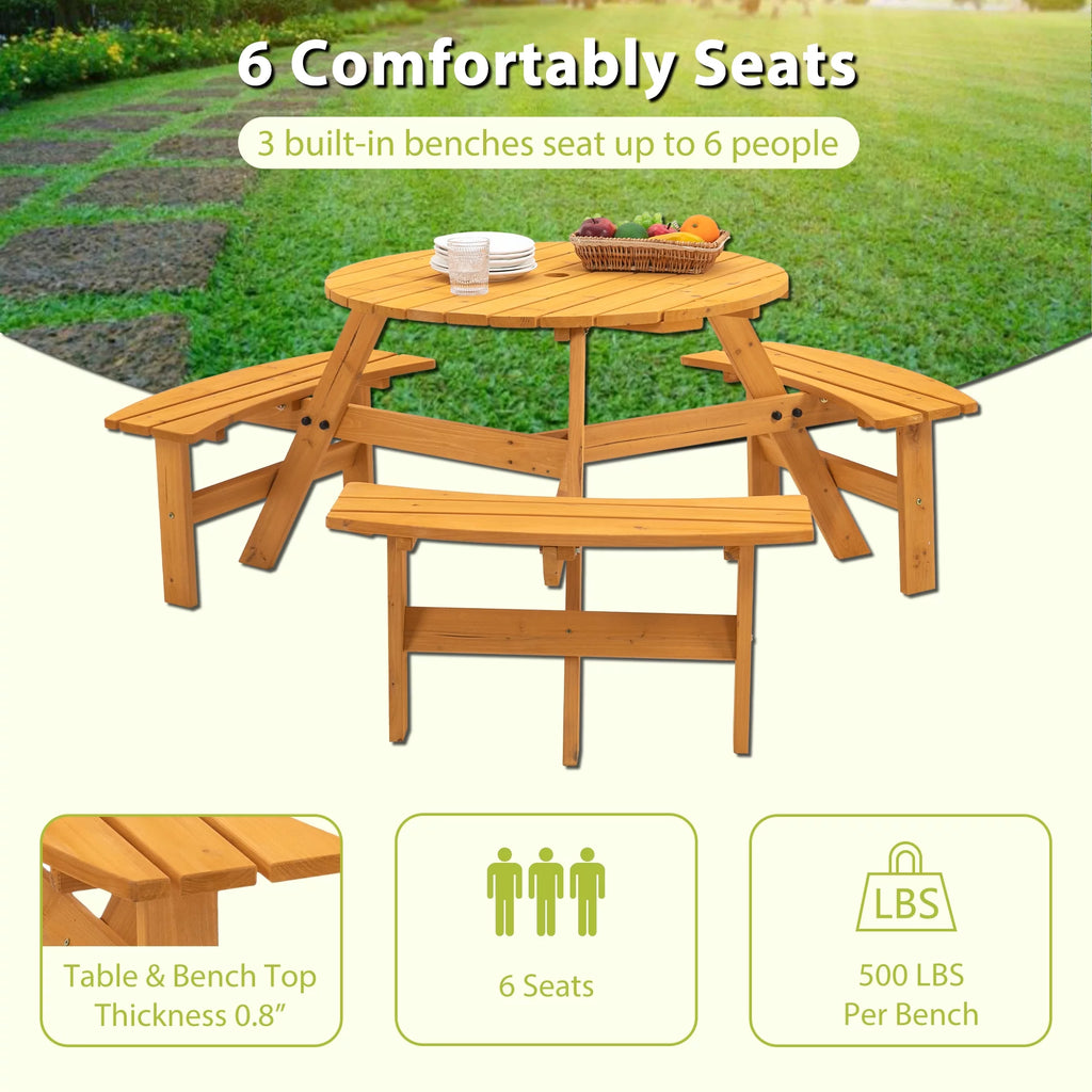 6-Person Circular Wooden Picnic Table with 3 Built-in Benches V97946