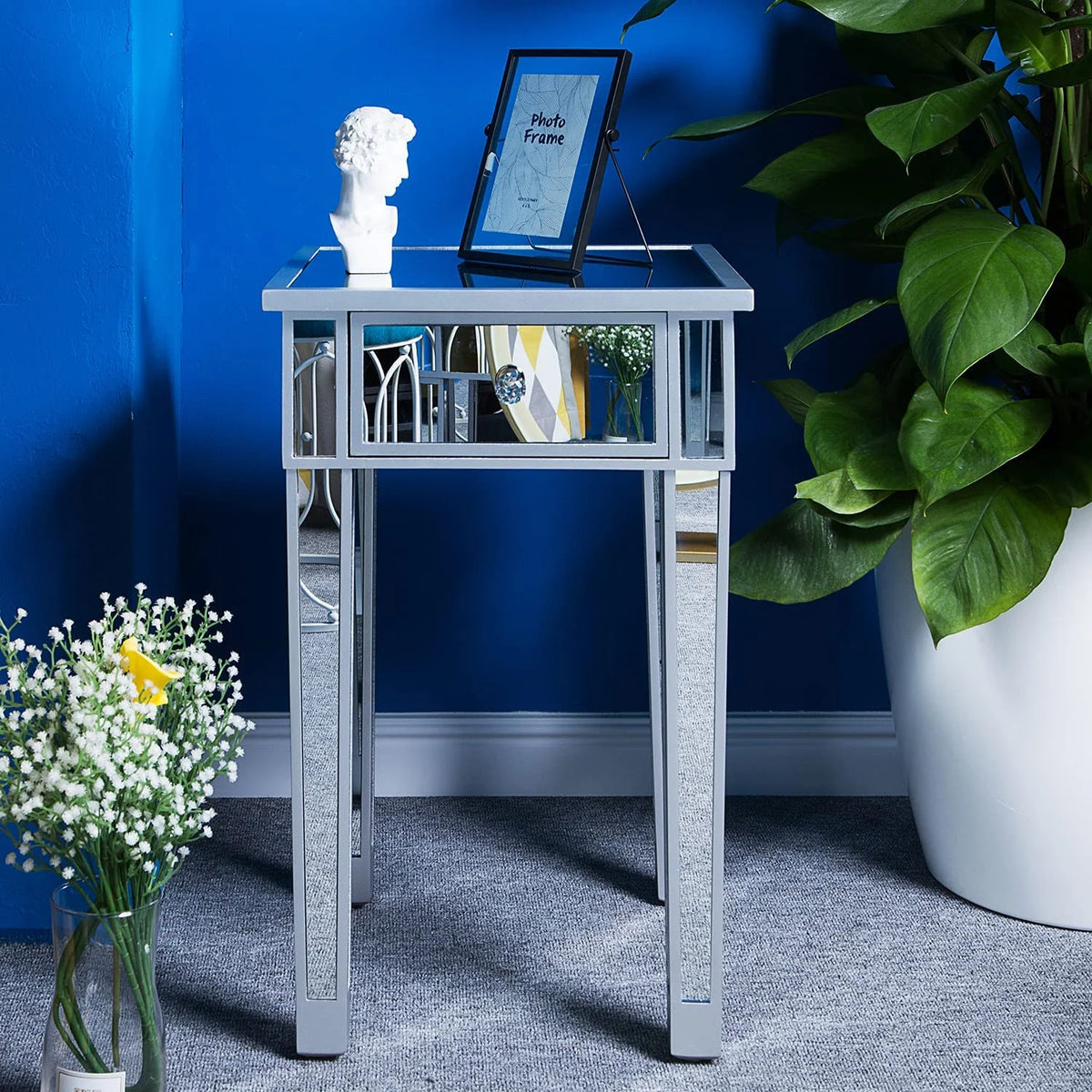Mirrored End Table with Drawer Silver 15.7" L x 15.7" W x 24" H K8032