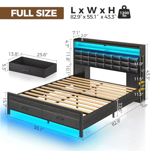 Black Full Size Upholstered Platform Bed Frame with Storage Headboard and 2 Drawers P67277