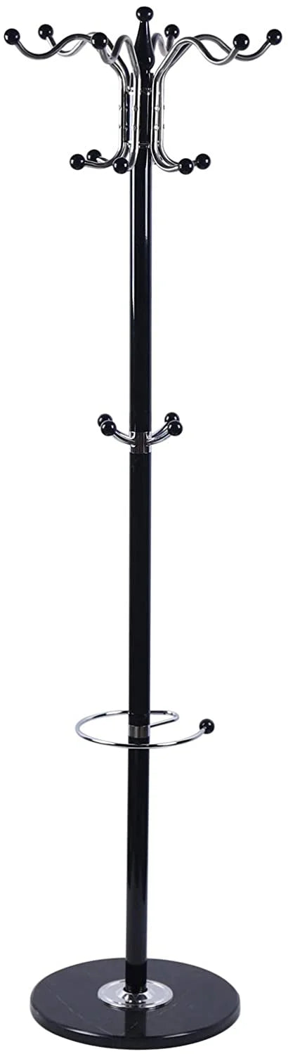 Black Metal Coat Tree with 16 Hooks and Marble Base A40163