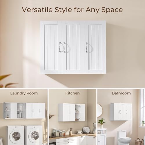 White Bathroom Wall Cabinet with Three Doors and Adjustable Shelf E662869