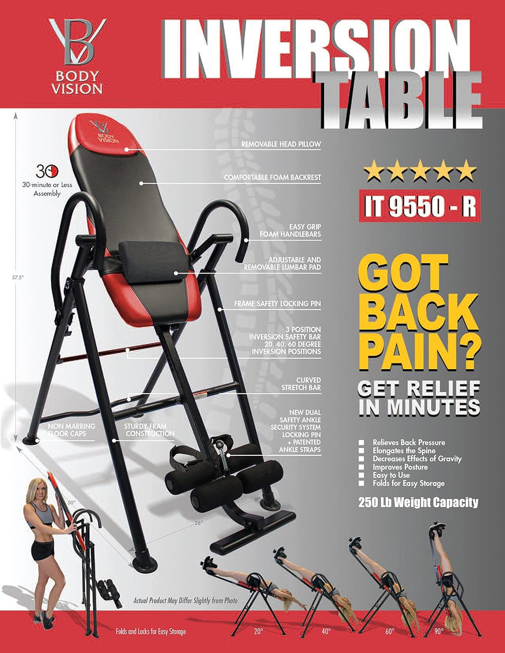 Red Heavy Duty Inversion Table with Adjustable Head Rest & Lumbar Support Pad R133534