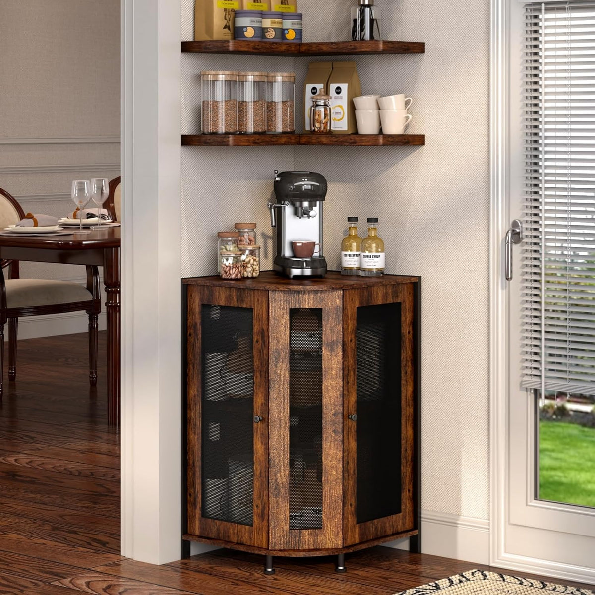 3-Tier Rustic Wood Coffee Bar Cabinet with Storage Shelf F367