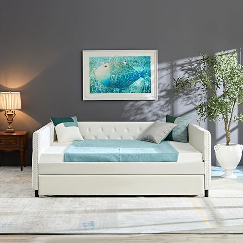 Beige Velvet Twin Size Daybed with Trundle J61115