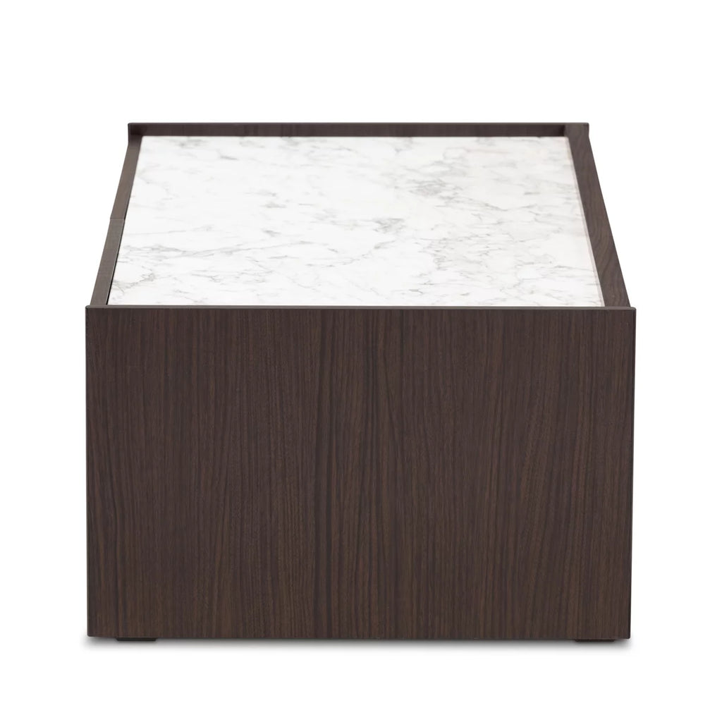 Dark Brown Gold Wood Coffee Table with Faux Marble Top X59105