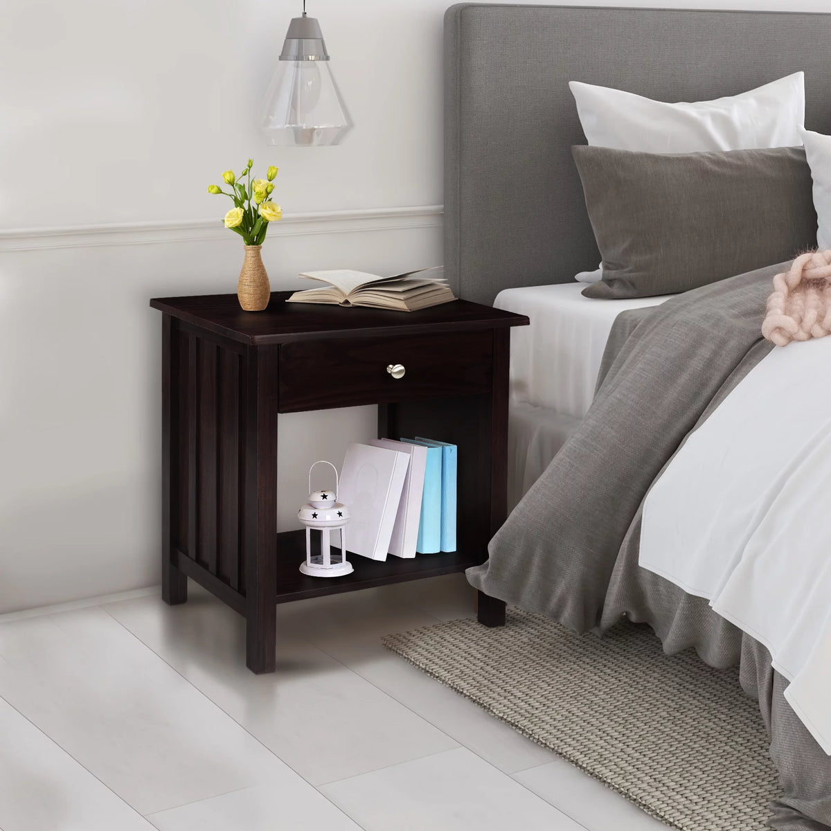 Espresso Wooden Nightstand with USB Ports and One Drawer P35859