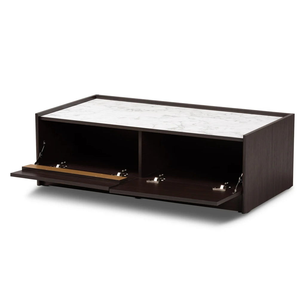 Dark Brown Gold Wood Coffee Table with Faux Marble Top X59105