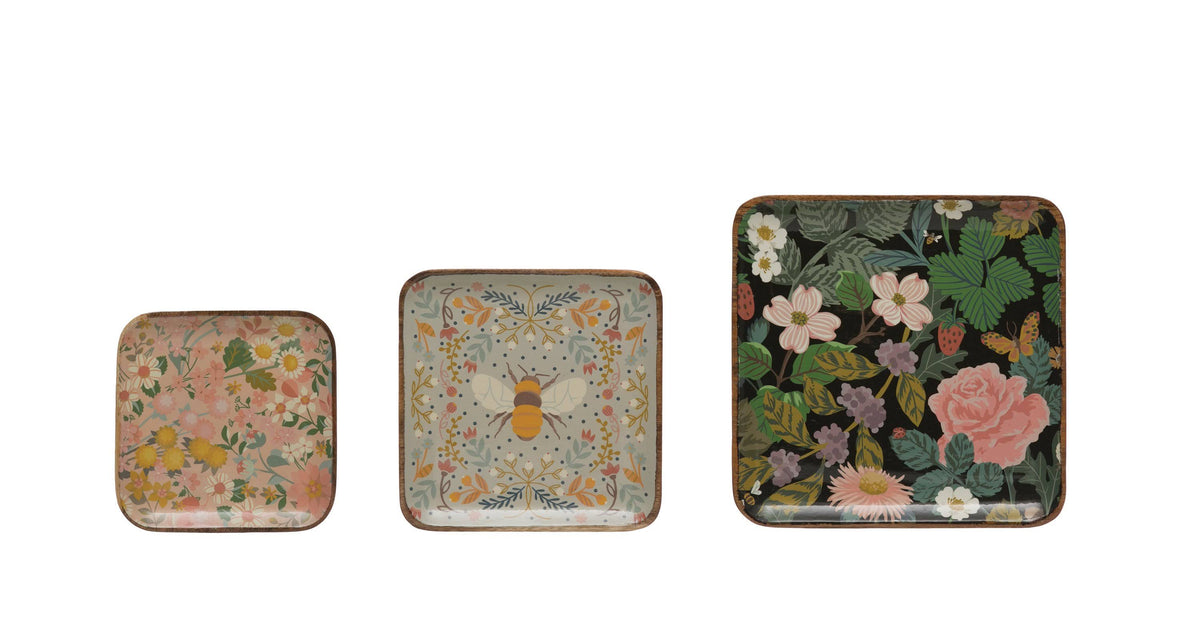 Square Enameled Acacia Wood Trays, Set of 3 Sizes B880