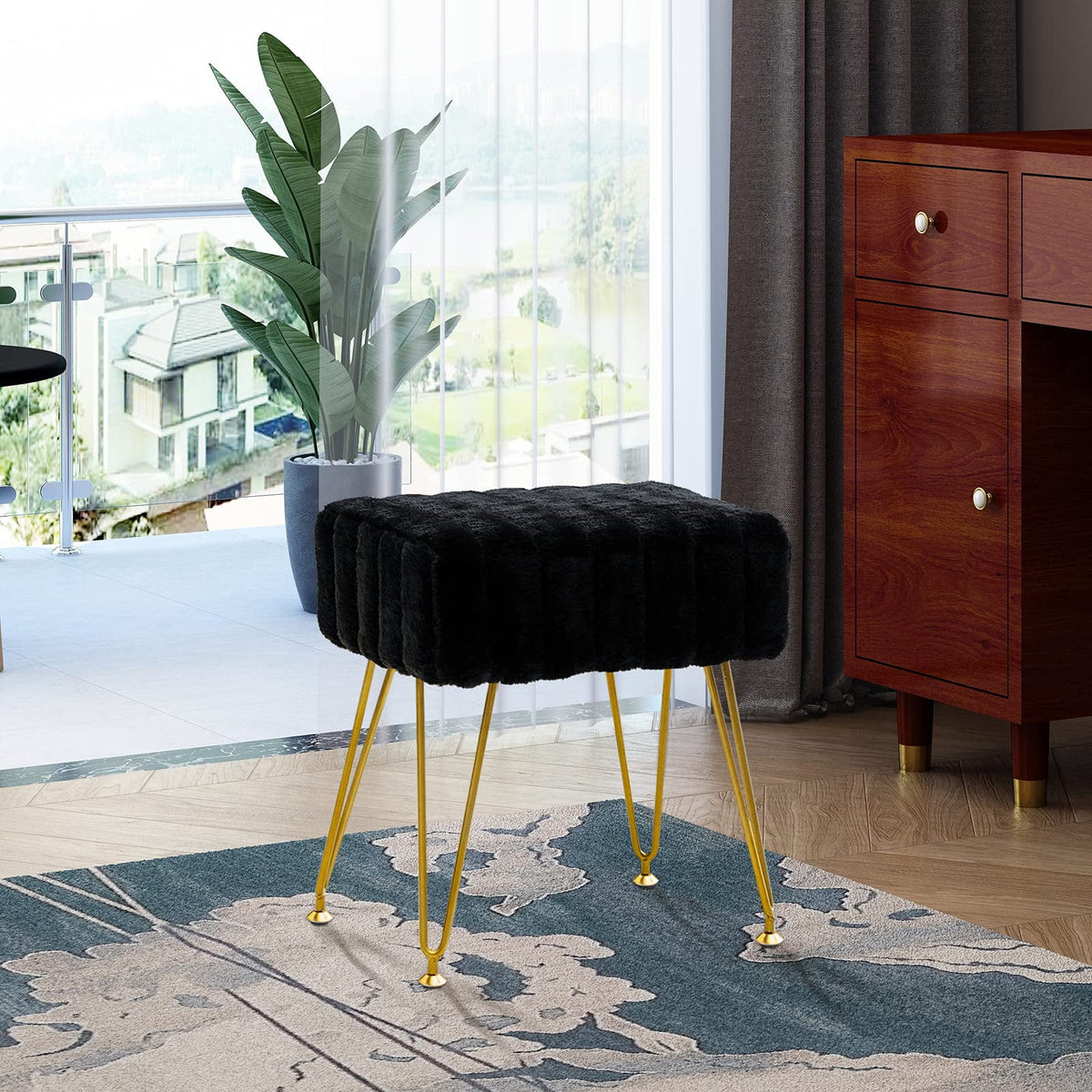 Black Faux Fur Vanity Stool with Golden Metal Legs C23833
