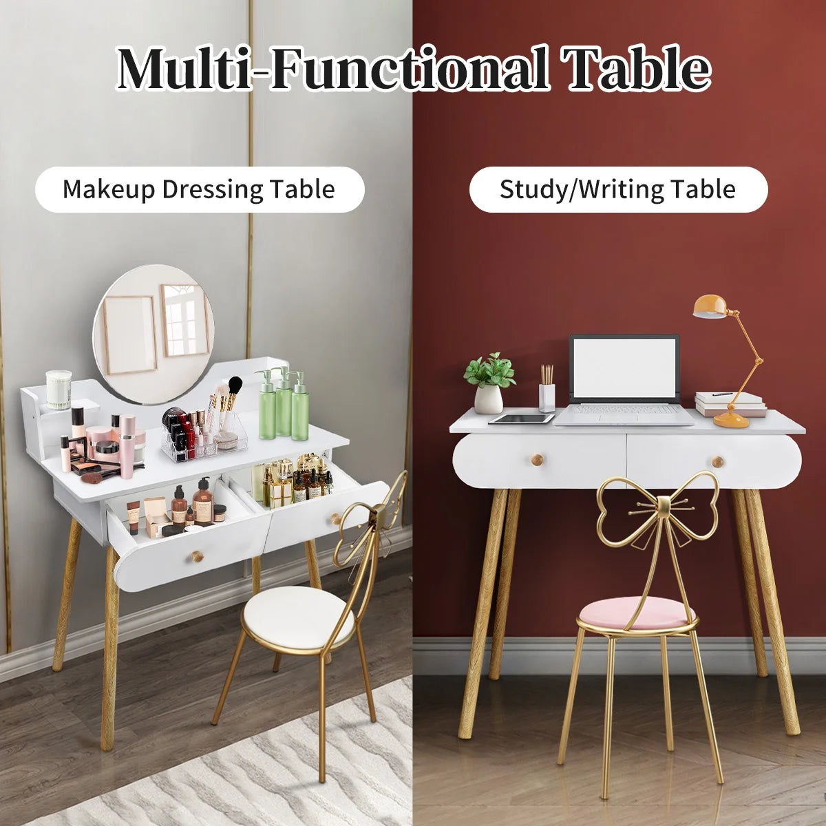 White Vanity Table Set with Mirror and 2 Drawers D54171