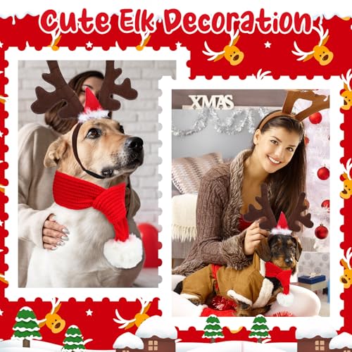 2 Set Pet Christmas Costumes Dog Knitted Scarf Reindeer Antlers Headband I28631