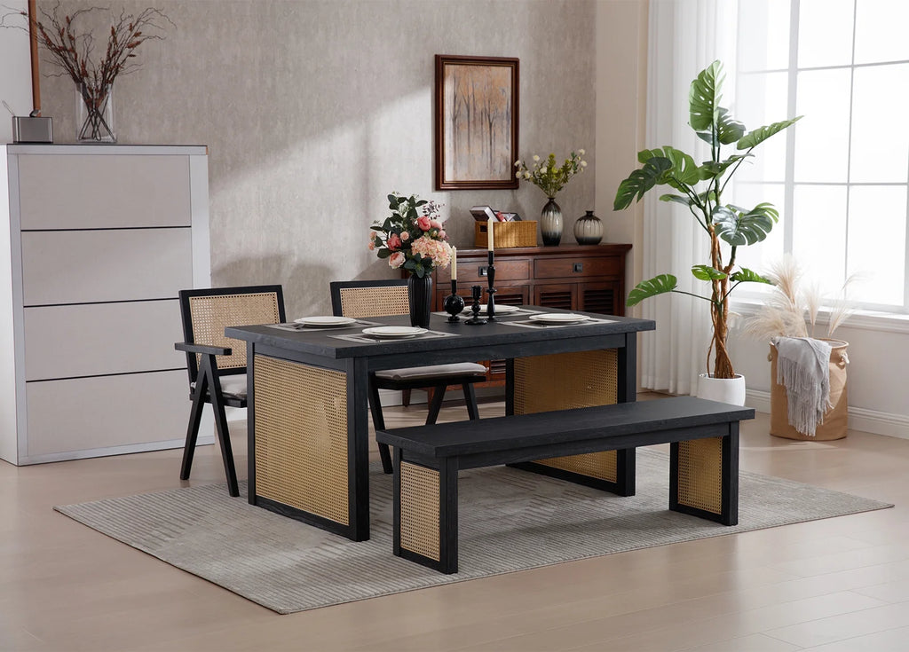 63" Solid Wood Rectangular Dining Table with Rattan Legs E306026