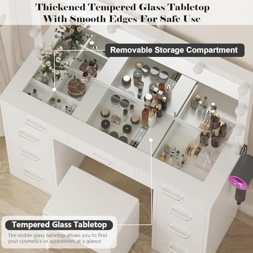 White Vanity Desk Set with Mirror and Lights, Glass Top, 9 Drawers, Power Outlet, Chair Y1688