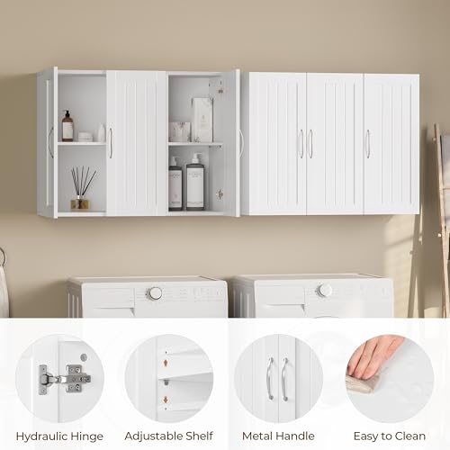 White Bathroom Wall Cabinet with Three Doors and Adjustable Shelf E662869