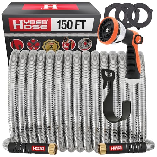 100 ft Stainless Steel Garden Hose Set with Spray Nozzle & Hook T8238