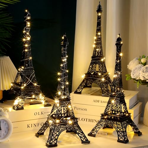 Black Metal Eiffel Tower Statue Decor 15 Inch 10 Inch Figurine Cake Topper with 2 Light Strings R691666