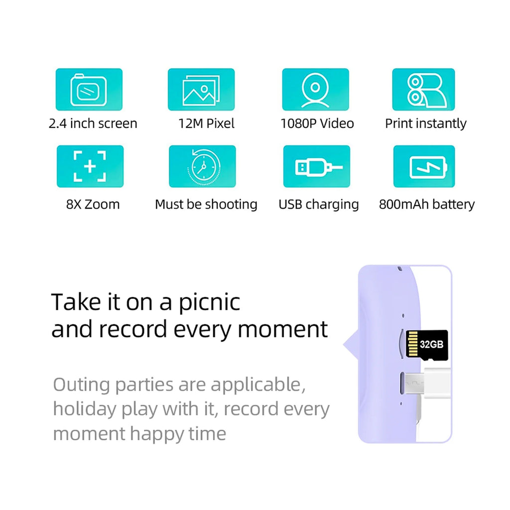 Instant Camera with Dual Lenses, 12MP, 32GB Memory, 3 Printing Paper Rolls Z331