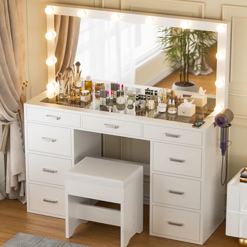 White Vanity Desk Set with Mirror and Lights, Glass Top, 9 Drawers, Power Outlet, Chair Y1688