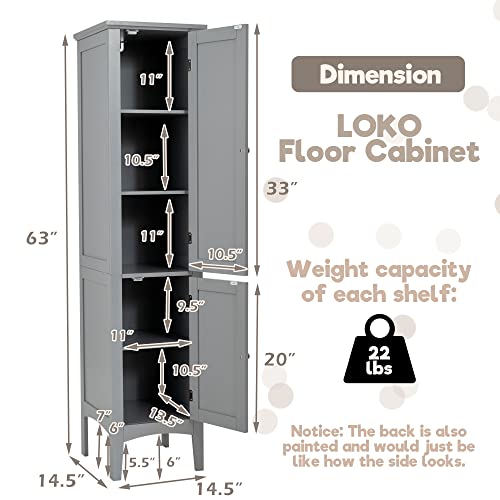 Tall Bathroom Floor Cabinet with Doors, Narrow Slim Linen Tower, 14.5 x 14.5 x 63 inches Espresso N374220