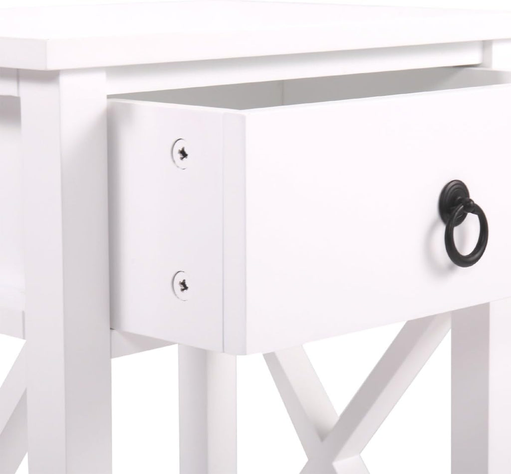 White 2 X-Design Nightstand with Drawer and Shelf I37040