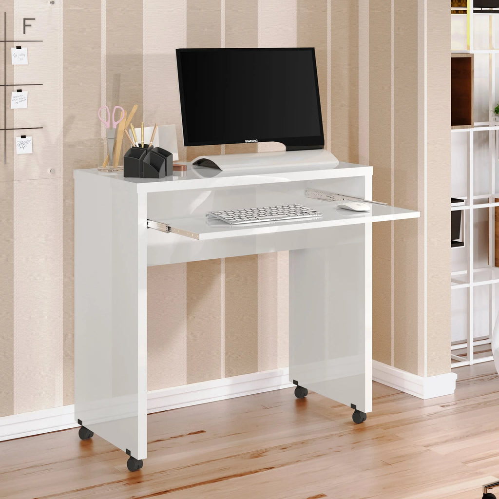 White Mobile Computer Desk with Keyboard Tray and Wheels H99923
