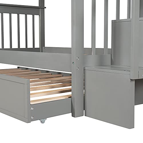 White Twin Over Twin Solid Wood Bunk Bed with Stairs and Trundle I985680