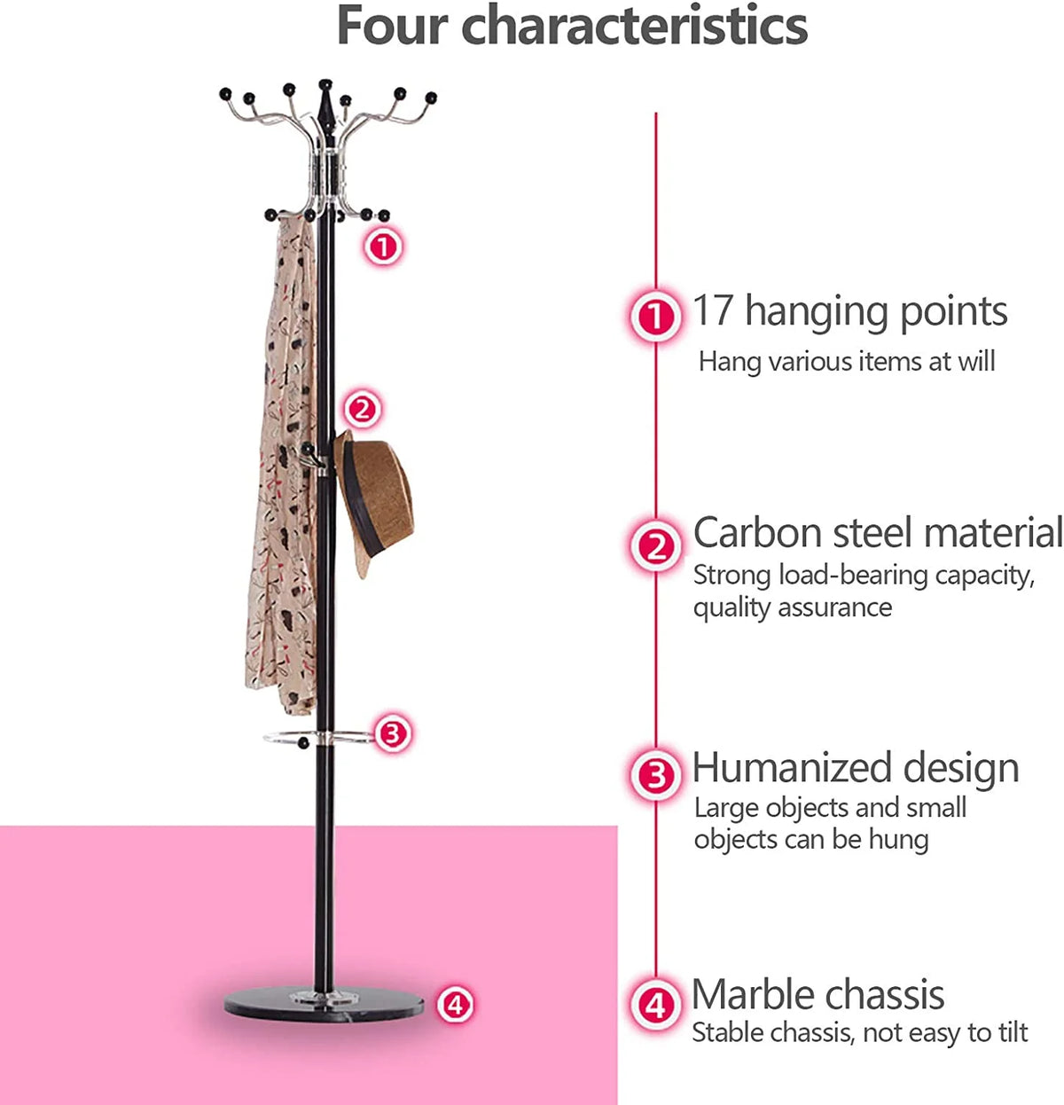 Black Metal Coat Tree with 16 Hooks and Marble Base A40163
