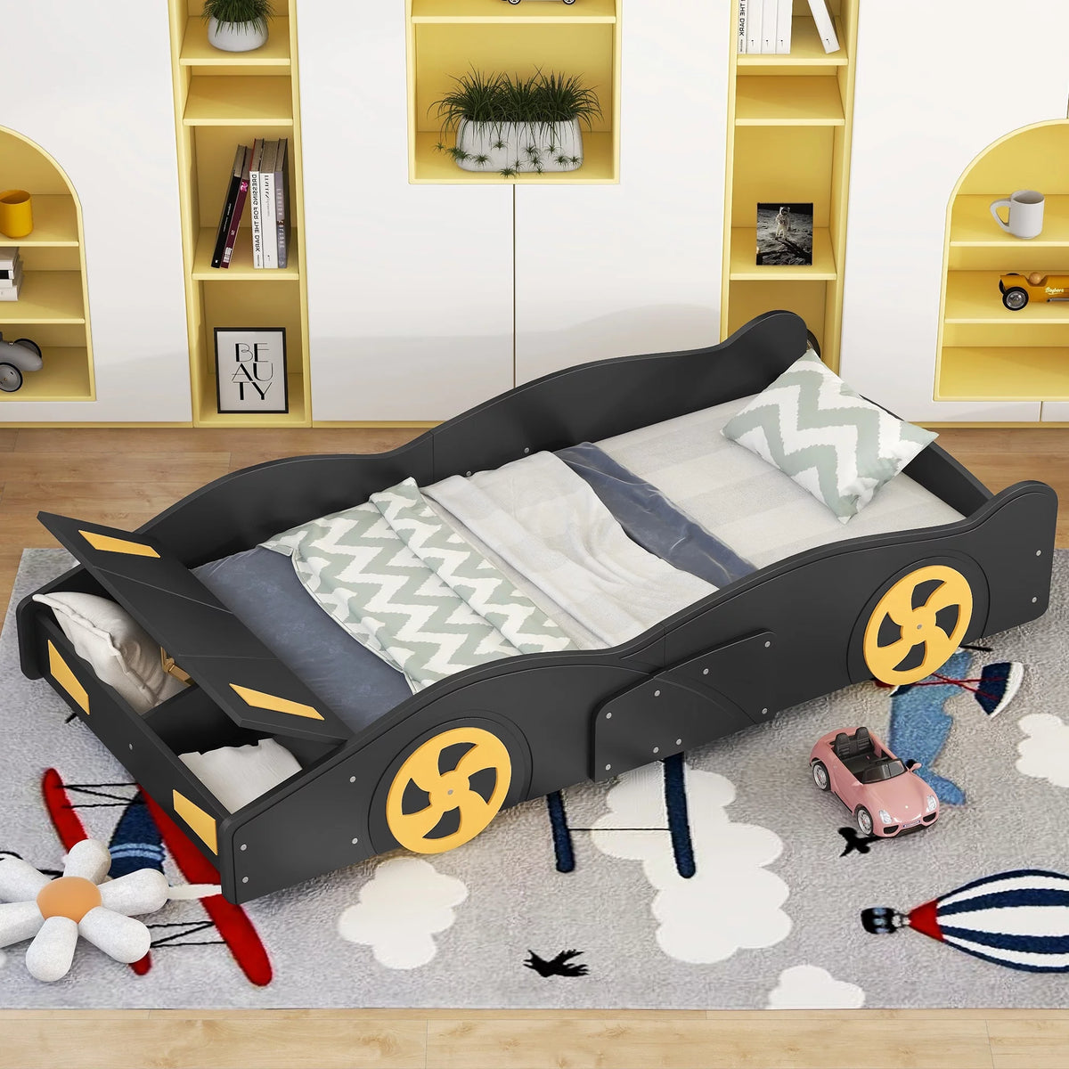Twin Size Wood Platform Bed Frame with Storage and Wheels M633973