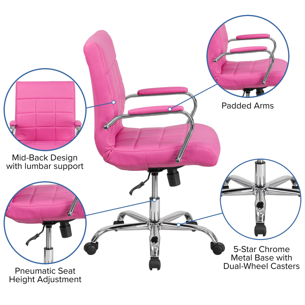 Mid-Back Pink Vinyl Executive Swivel Office Chair with Chrome Base and Arms T422