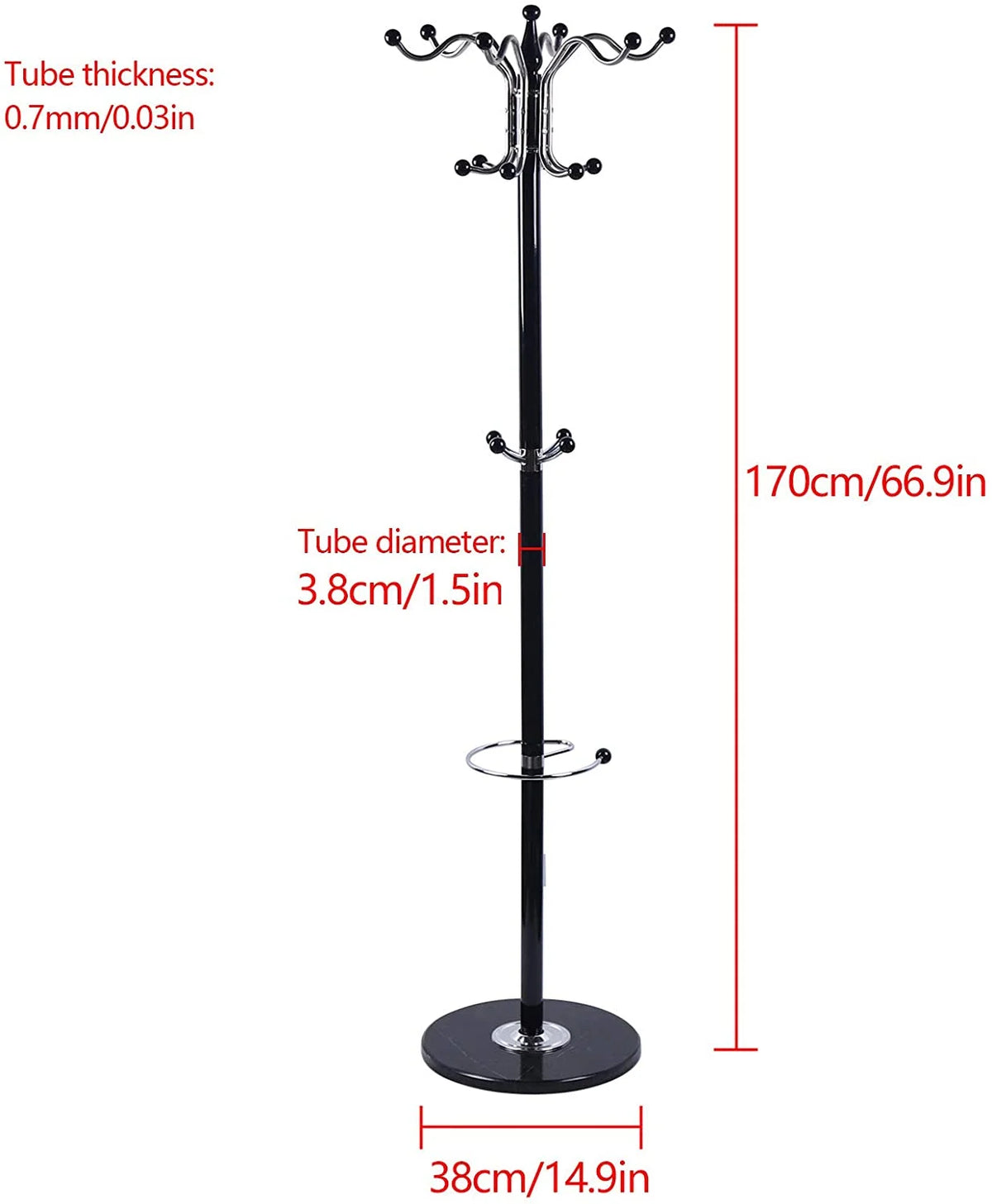 Black Metal Coat Tree with 16 Hooks and Marble Base A40163