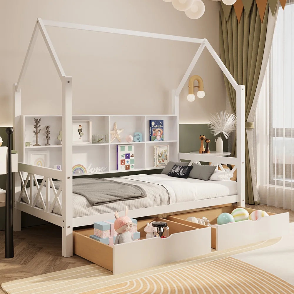 Twin House Bed with Trundle and Storage Shelve E347241