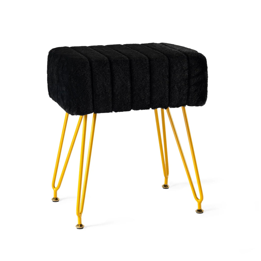 Black Faux Fur Vanity Stool with Golden Metal Legs C23833