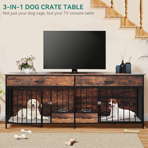Brown Wooden Double Dog Crate TV Stand with Storage R956941