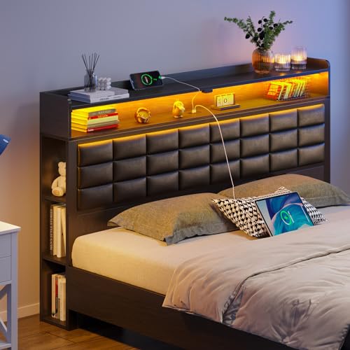 Black Full Size Upholstered Platform Bed Frame with Storage Headboard and 2 Drawers P67277