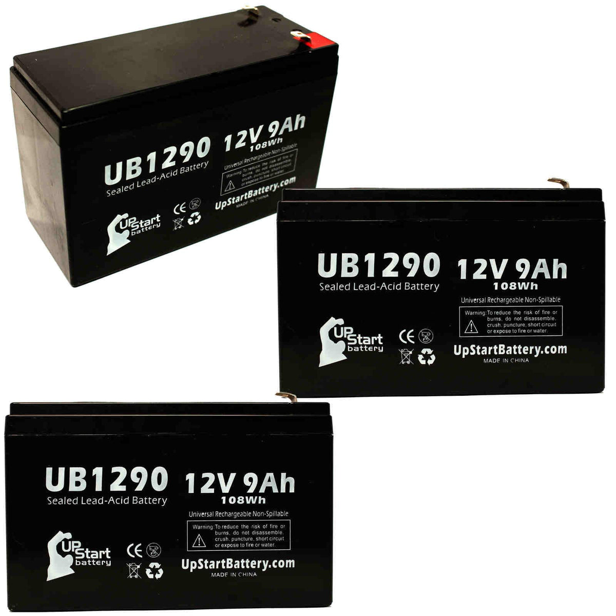 3x Pack Replacement Sealed Lead Acid Battery (12V, 9Ah, 9000mAh, F1 Terminal, AGM, SLA) with 6 F1 to F2 Terminal Adapters D6301