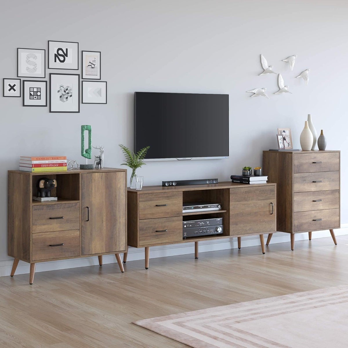 Mid Century Modern Wood TV Stand with Sliding Door W3597